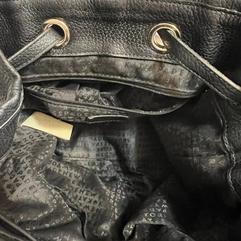 kate spade Black Leather Backpack Tessel Zip Pocket Drawstring Flap Bag - Picture 5 of 9
